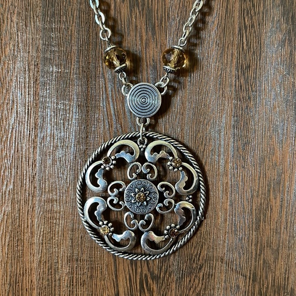 Long Necklace w/ Round Amber Toned Pendant - Picture 3 of 5